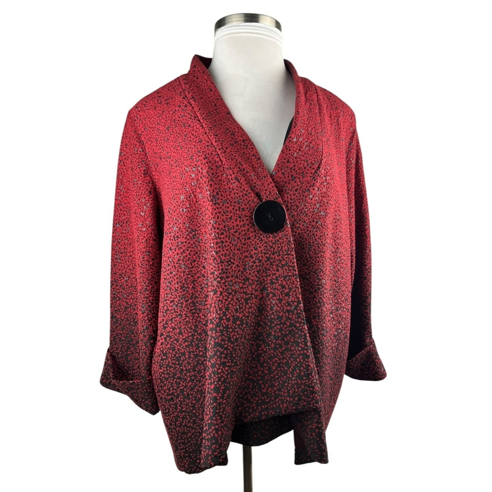 Ali Miles Toggle Button Artsy Asymmetrical Jacket Red & Black Ombre Plus Size 1X - Picture 12 of 13